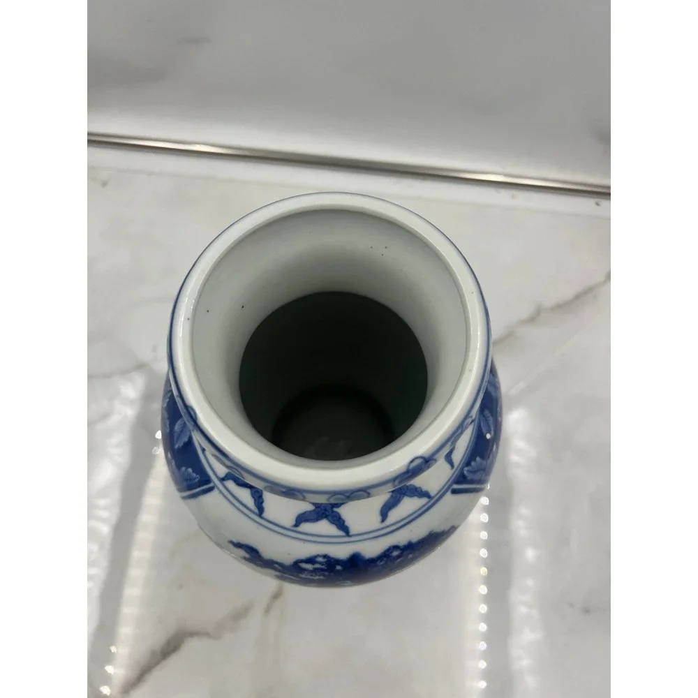 Vintage Blue and White Porcelain Vase Chinoiserie Pastoral Scene Floral 11 Inch